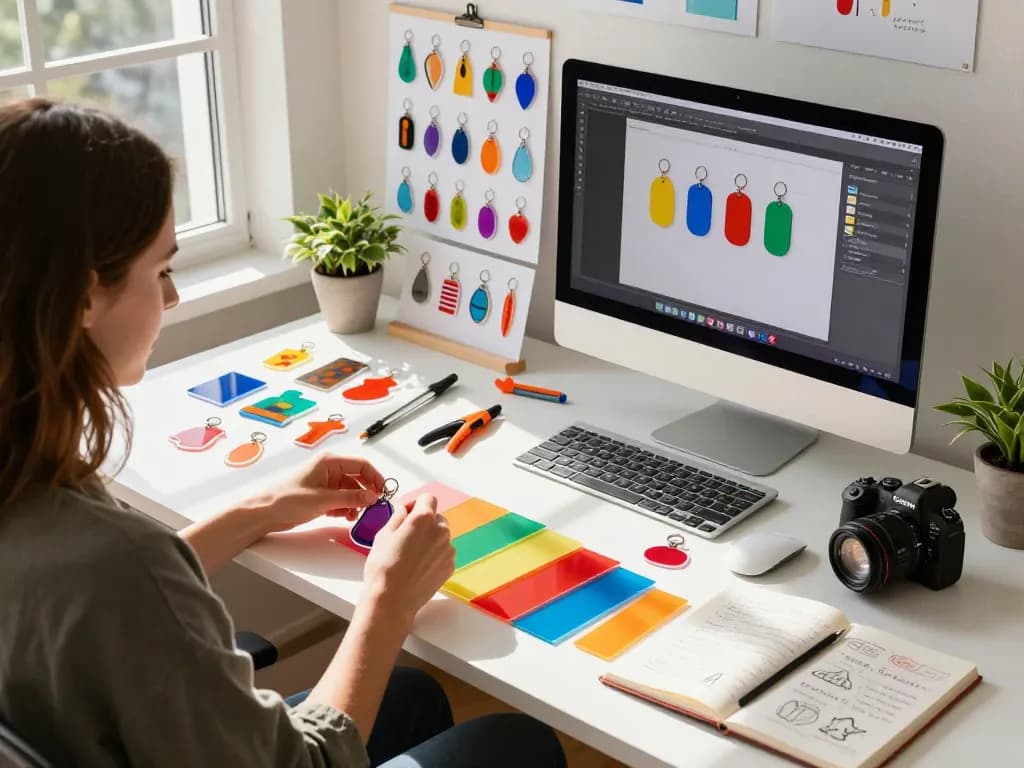 Custom acrylic keychain design process with vibrant materials and tools.