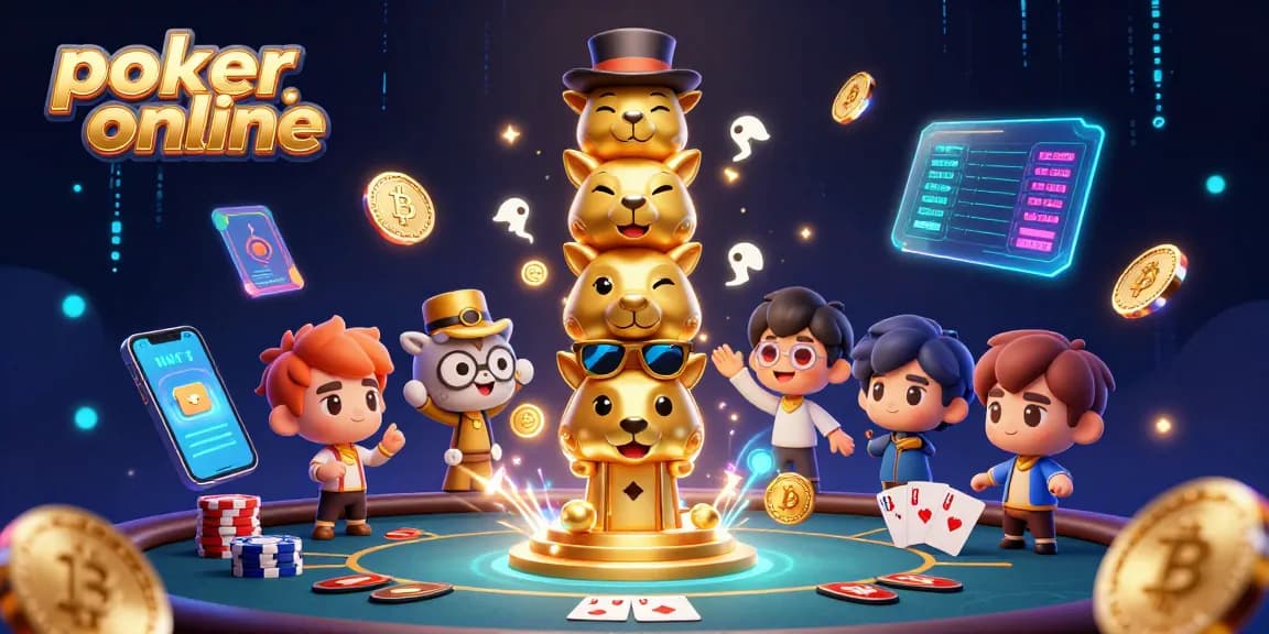 Engage in poker online with vibrant 3D scene featuring a golden totem pole, poker chips, and cryptocurrencies.