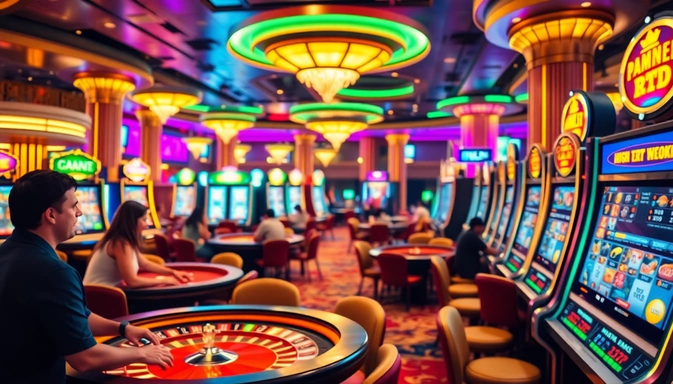 Experience high RTP Pragmatic Play excitement at a lively casino with vibrant slot machines.