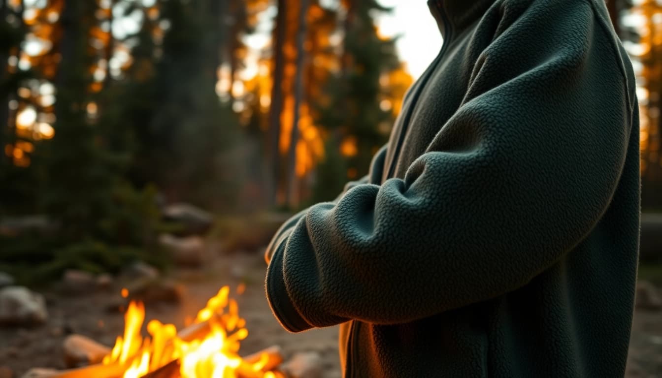 Fleece jack beleefd bij een kampvuur in een rustieke buitenomgeving met bomen.