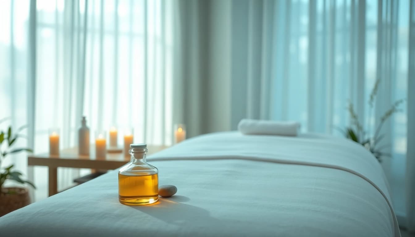 편안한 스파 환경에서 스웨디시 마사지로 원기를 회복하는 경험, 고급스러운 마사지 테이블을 보여줍니다.