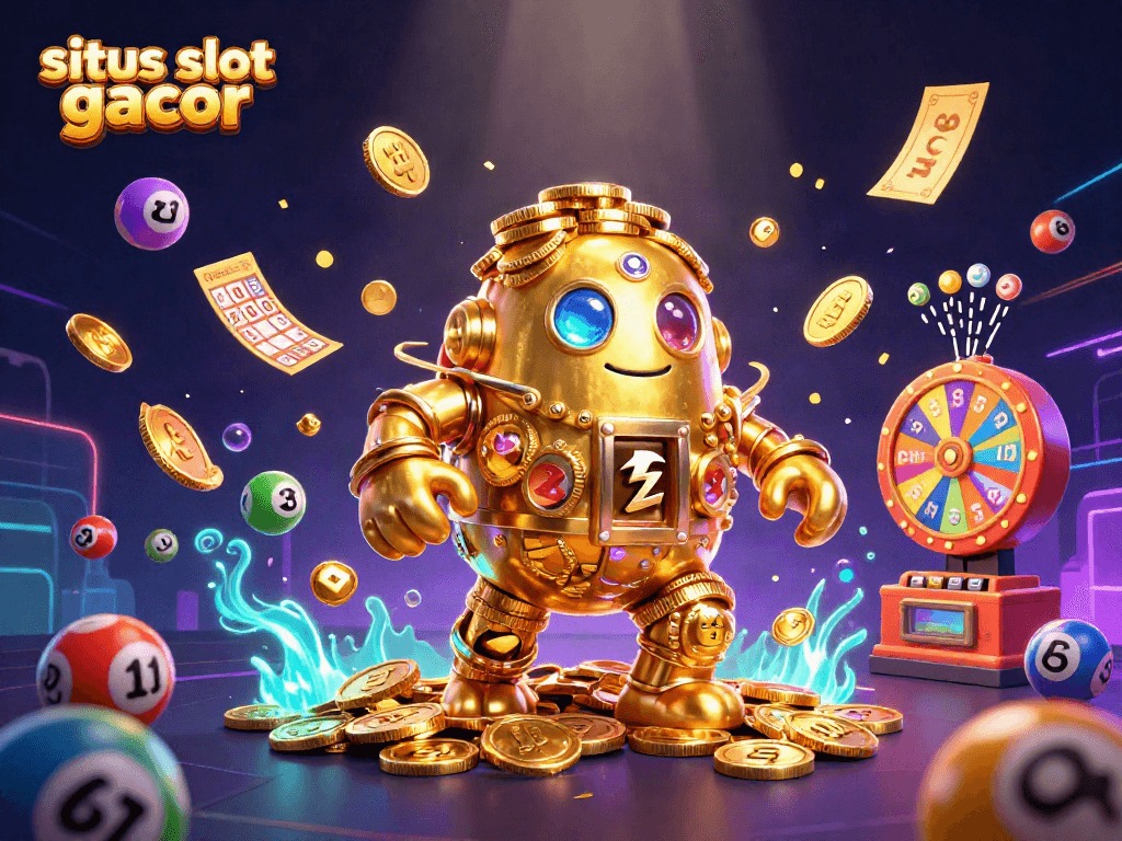 Spin to win with situs slot gacor, showcasing a vibrant, dynamic casino scene with slot symbols and prizes.