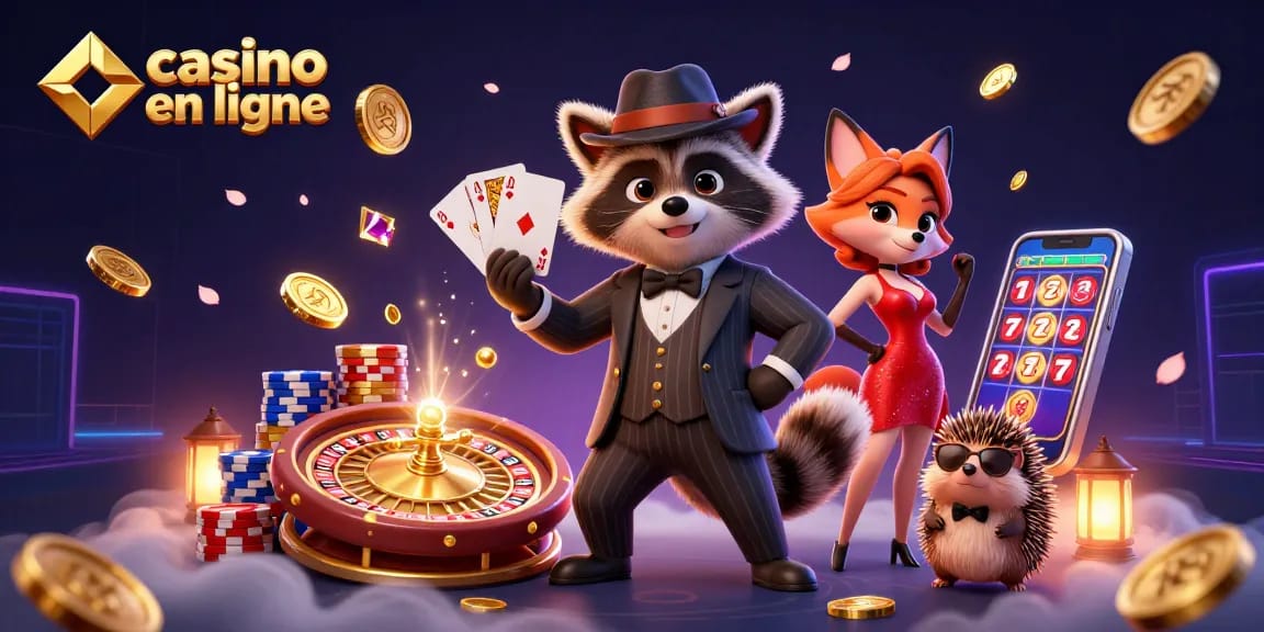 Illustration de casino en ligne montrant un raton laveur, une renarde et un hérisson entourés de pièces d'or et d'éléments de jeux.