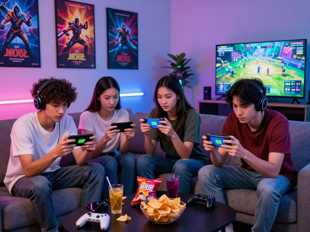 Tải go88 app being downloaded by friends in vibrant living room.