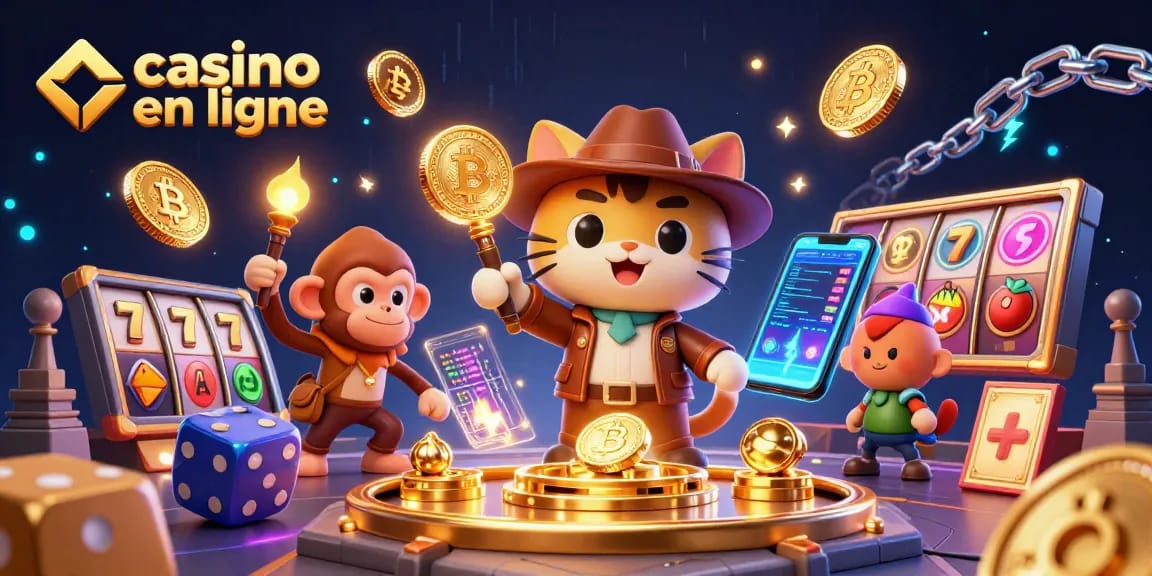 Le chat explorateur et son compagnon singe découvrent des artefacts de casino en ligne, entourés de pièces et de symboles.