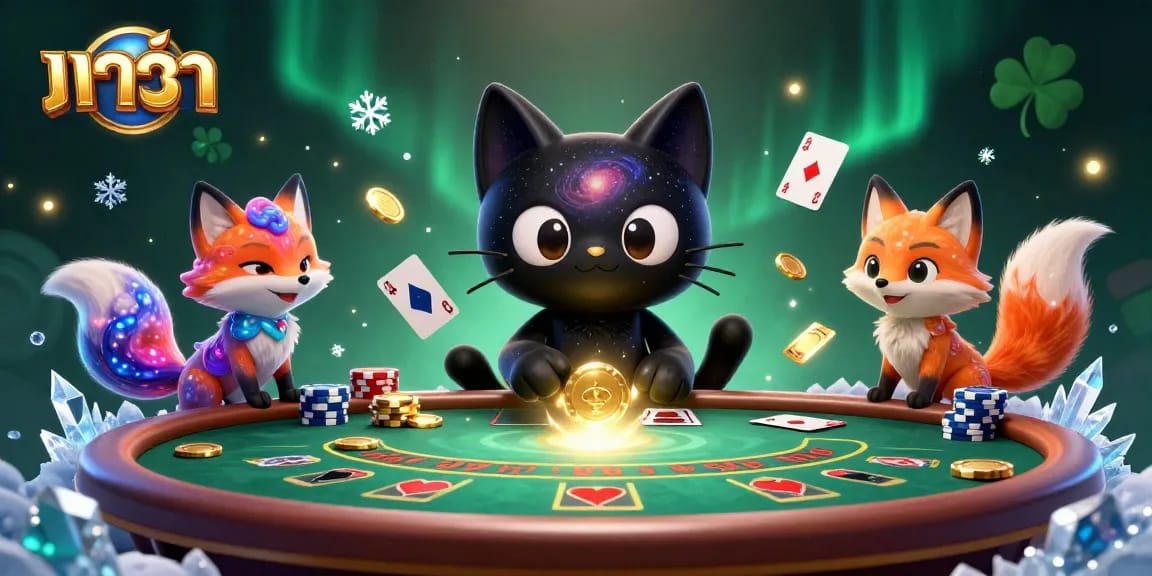 Play baccarat with the galaxy cat and nebula fox, winning golden chips and cards.