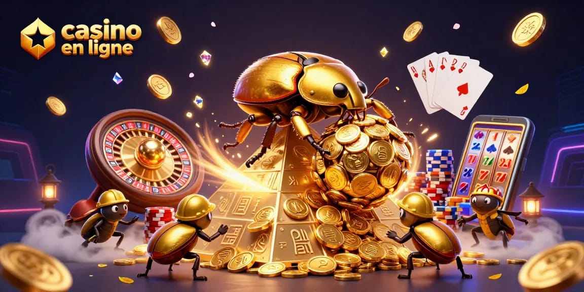 Une scène de casino en ligne avec des scarabées dorés et des symboles emblématiques des jeux de hasard.