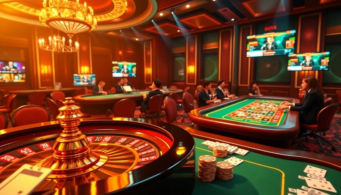 Experience the thrill of online gambling with BK8's vibrant casino scene featuring roulette, cards, and chips.