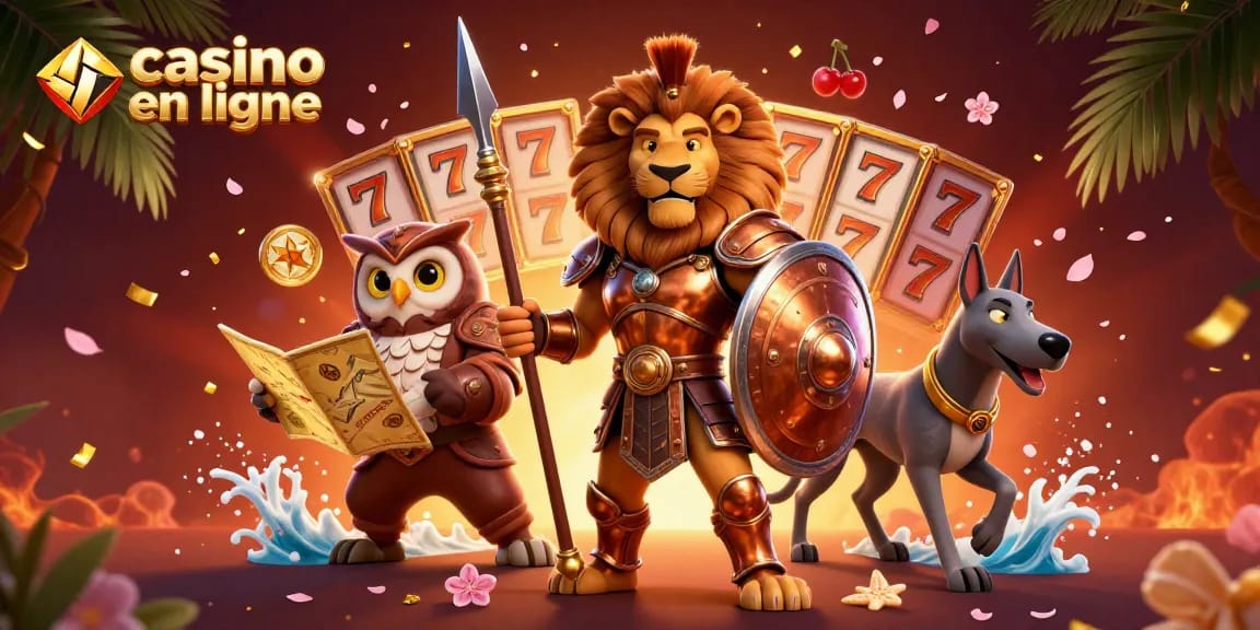 Jouez au casino en ligne avec cette illustration vibrante représentant des personnages fantastiques et des éléments de jeu captivants.