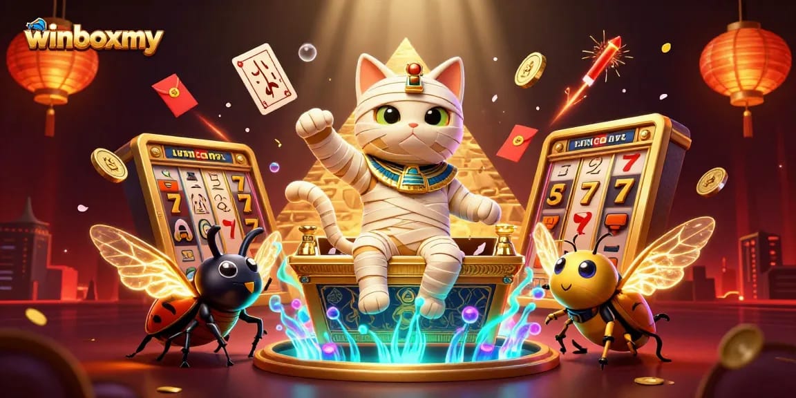 Experience the excitement of winboxmy with a vibrant 3D illustration of casino adventures featuring a mummy cat and scarab.