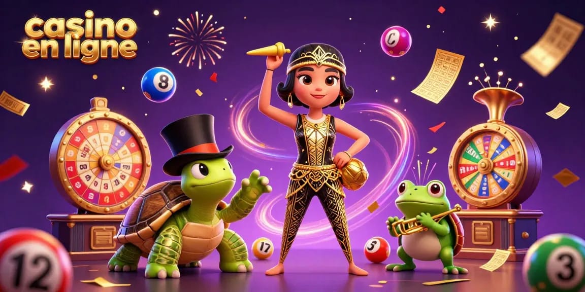 Jouer dans un casino en ligne avec un crâne art déco et une grenouille étoilée animée, à la loterie colorée.