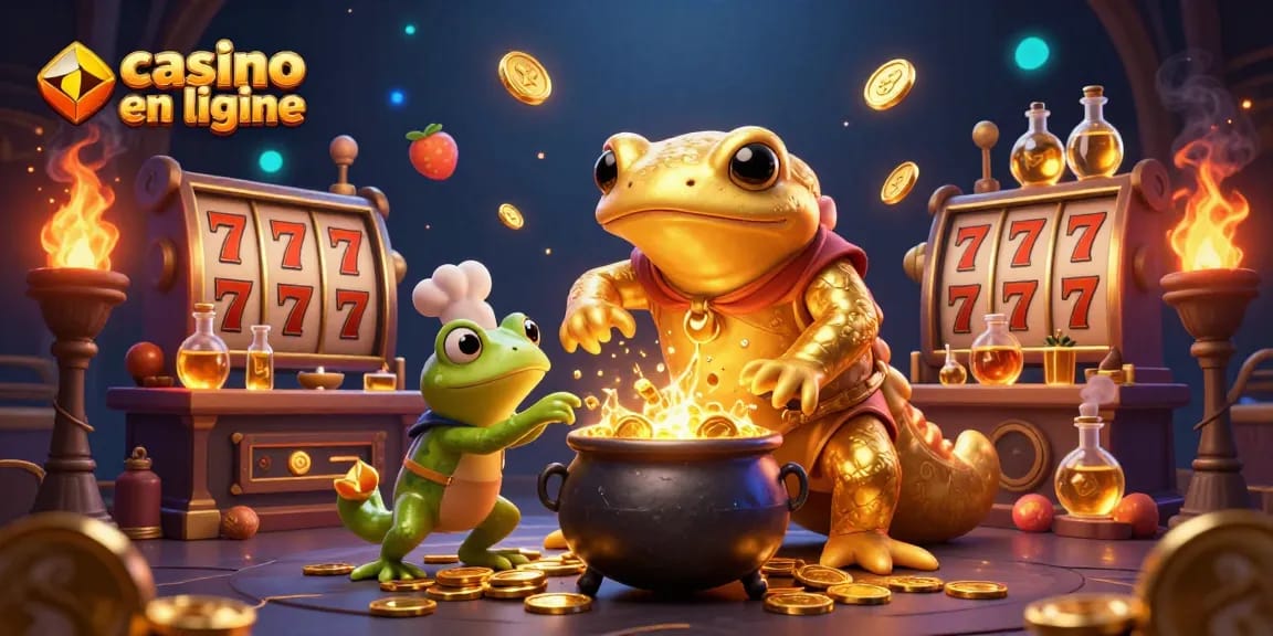 Jouer à un casino en ligne avec une illustration 3D d'un alchimiste et des pièces d'or.