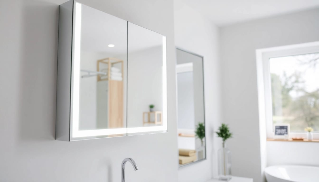 Spiegelschrank mit LED Beleuchtung in modernem Badezimmer, funktional und stilvoll.