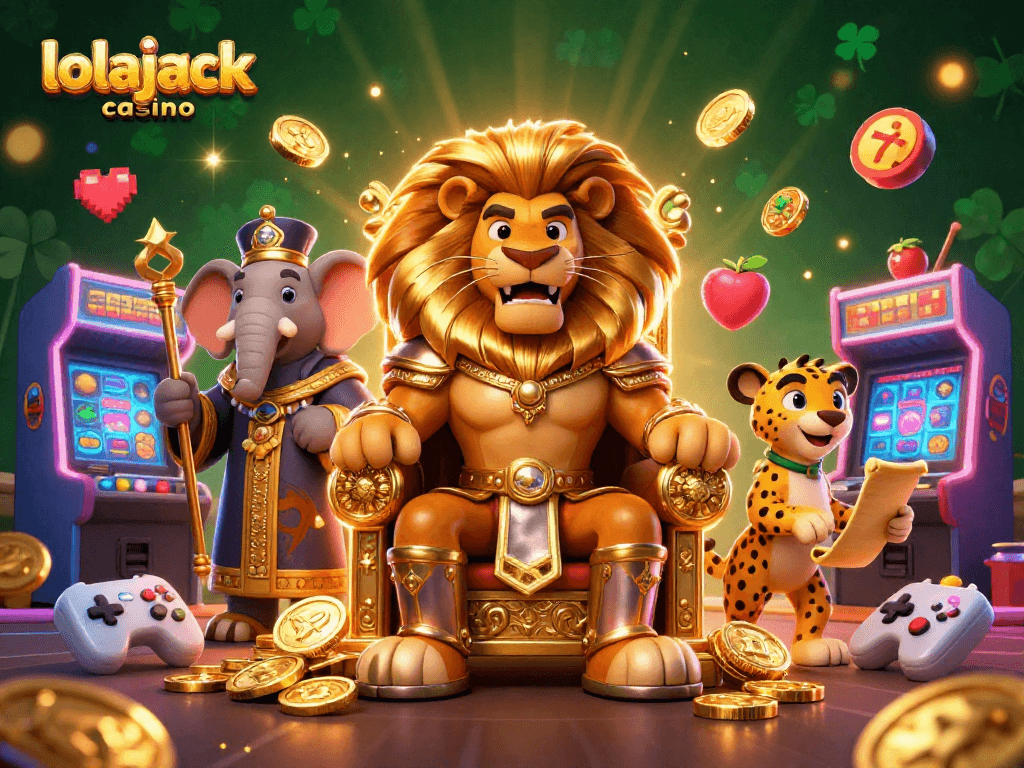Engage with the vibrant world of lolajack casino featuring a lion king on a gold throne.
