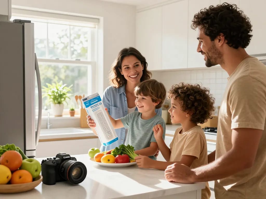 Waterdrop Replacement filter for Frigidaire® & Electrolux® EAFCBF® showcased in a modern kitchen with a family engaging joyfully.