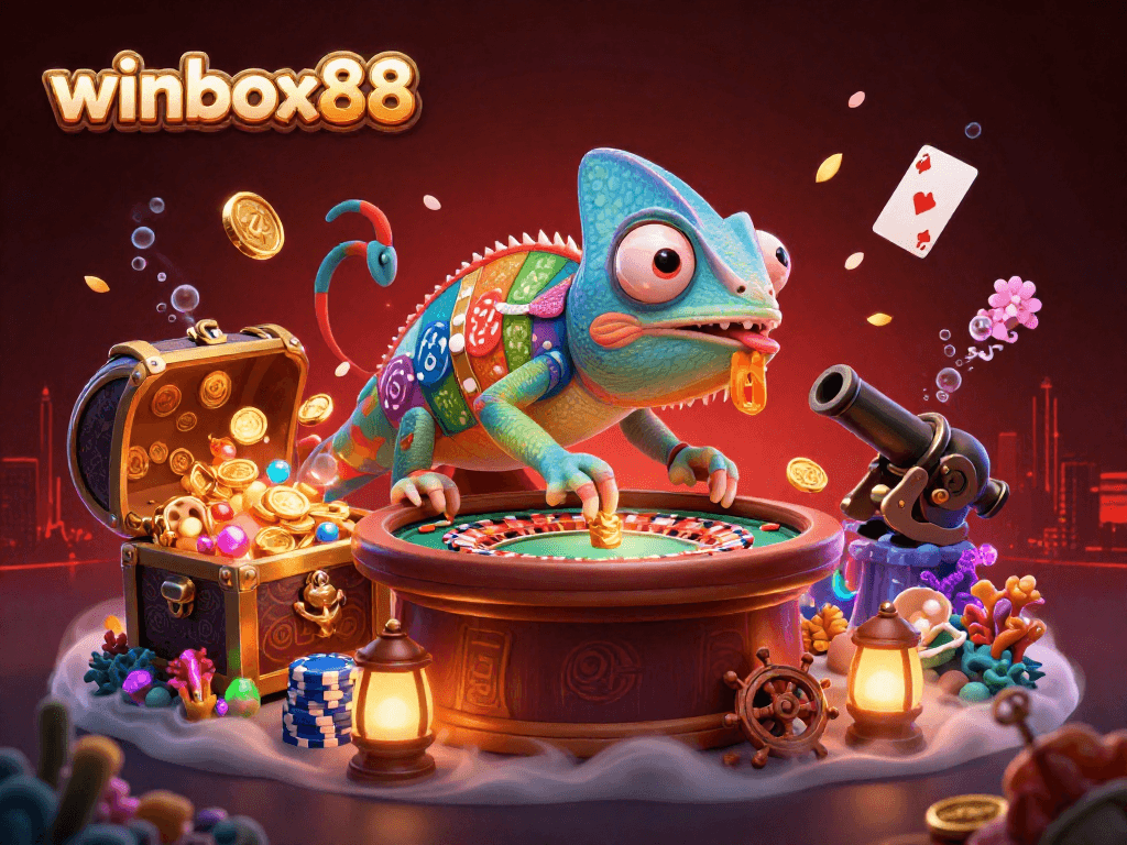 Experience excitement at winbox88 with a vibrant chameleon casino owner surrounded by gold coins and lively gaming elements.