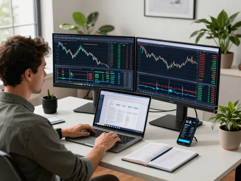 Trader using TradingView on multiple screens in a modern office setting, showcasing professional analysis.