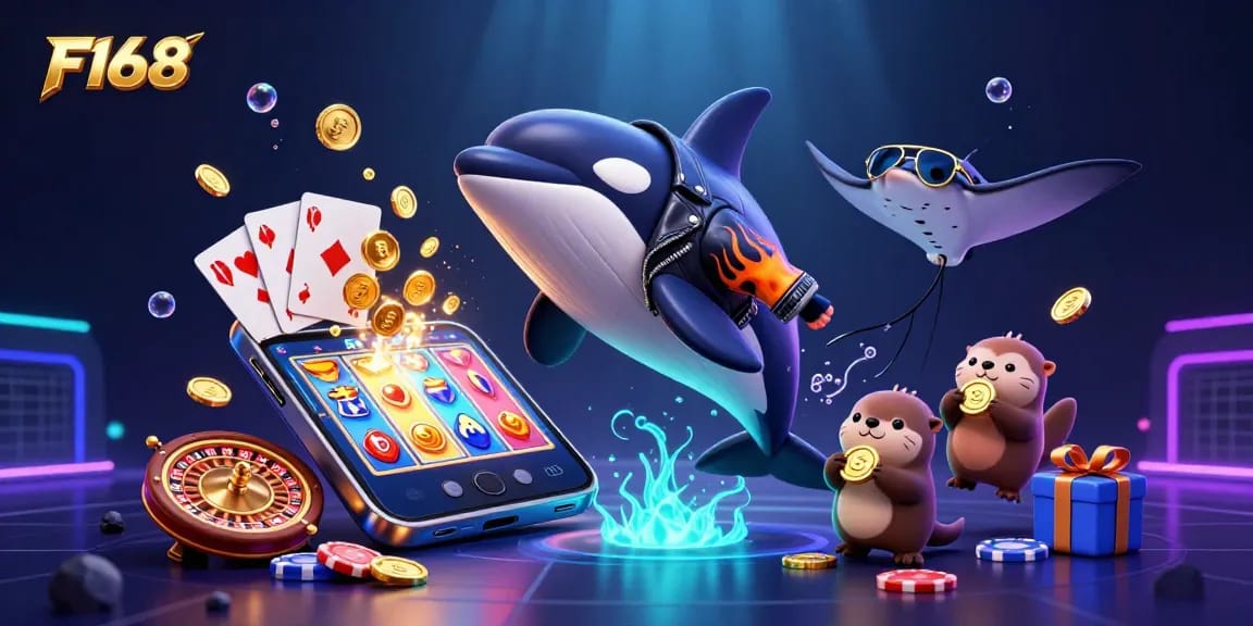 Experience the thrill of winning with F168's vibrant underwater casino scene featuring dynamic game elements and fun characters.