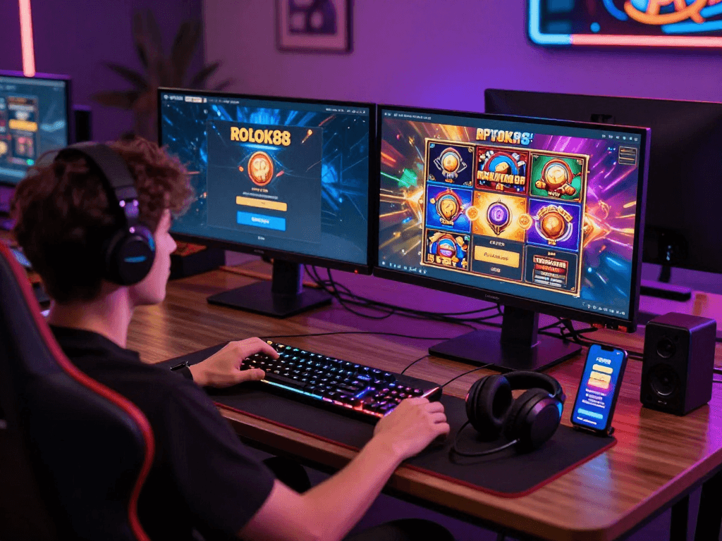 Exciting rokok88 slot login gaming setup with multiple monitors and vibrant interface.