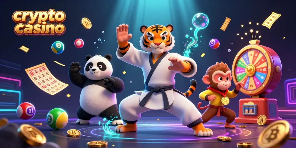 Visez les gains au crypto casino avec des personnages d'arts martiaux illustrés dans une scène dynamique.