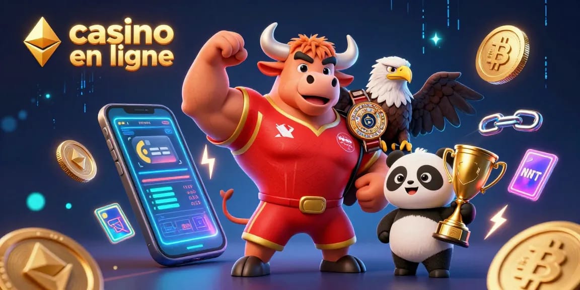 Visuel captivant de jeu de casino en ligne avec un taureau, un aigle et un panda, entourés de symboles crypto.