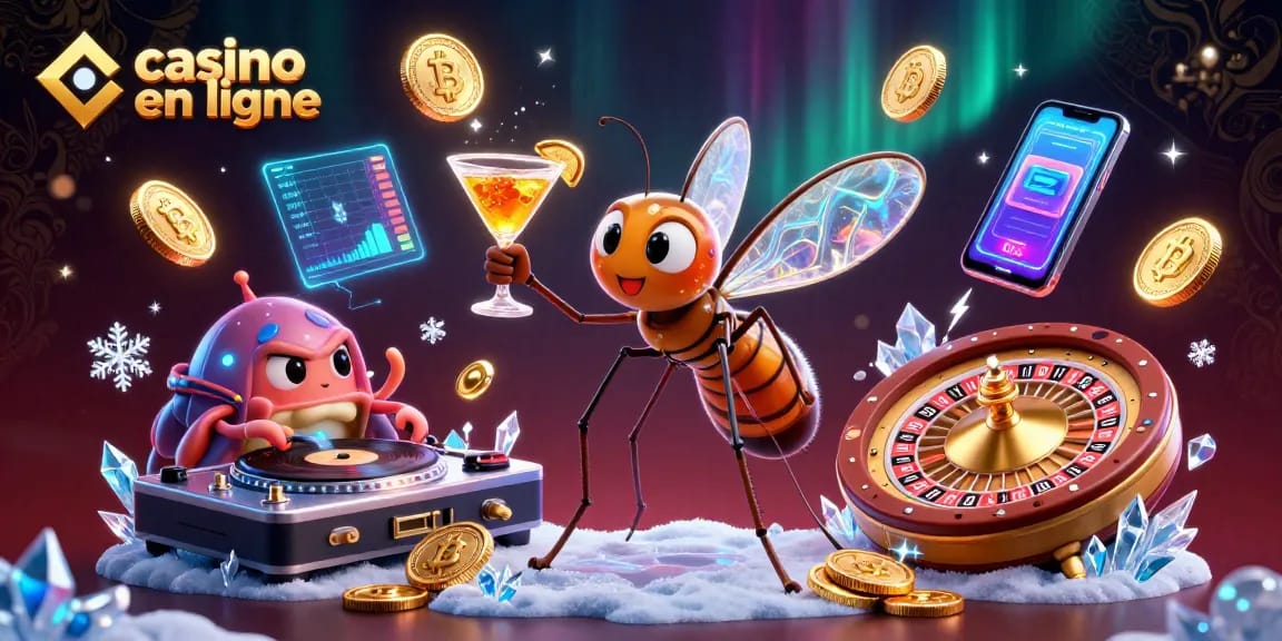 Plongez dans l'univers des casinos en ligne avec un dinosaure DJ et des éléments numériques ludiques.