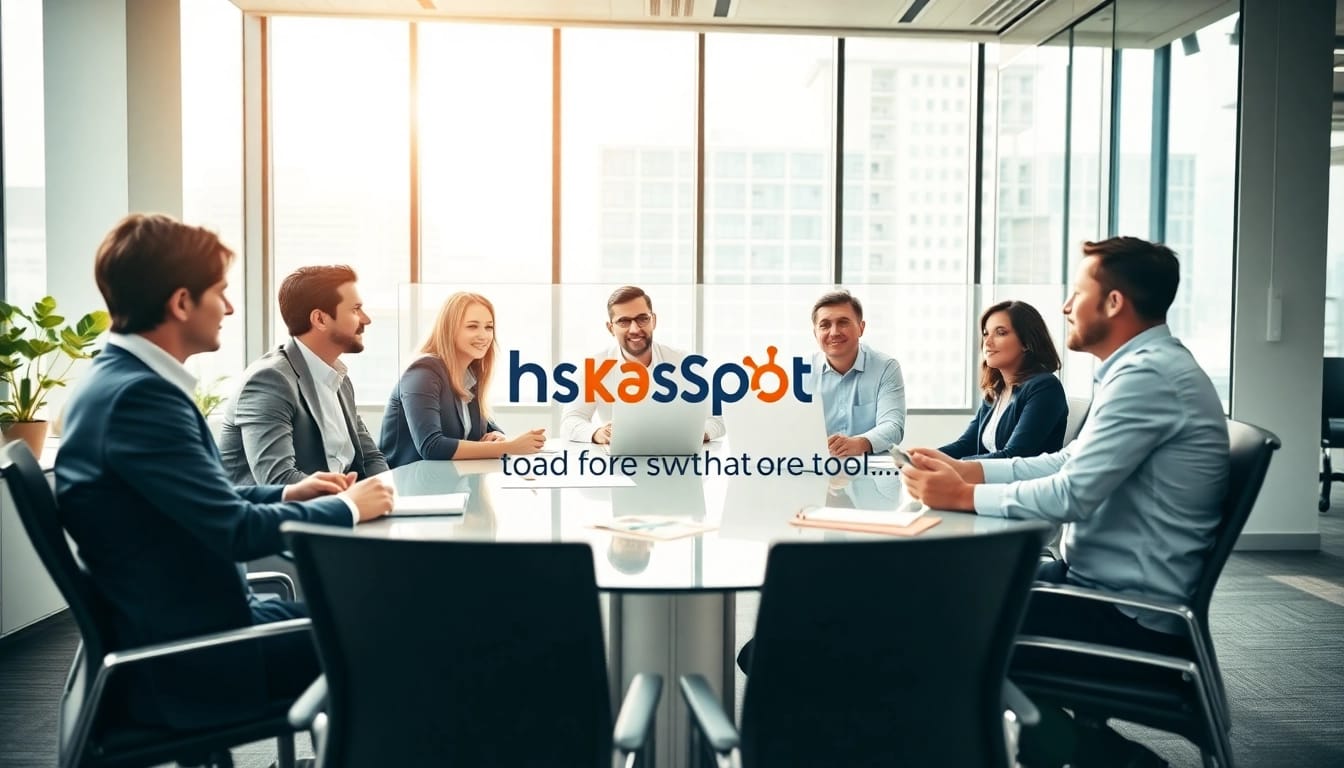 Utilizing HubSpot free tools, professionals collaborate effectively in a bright office environment.