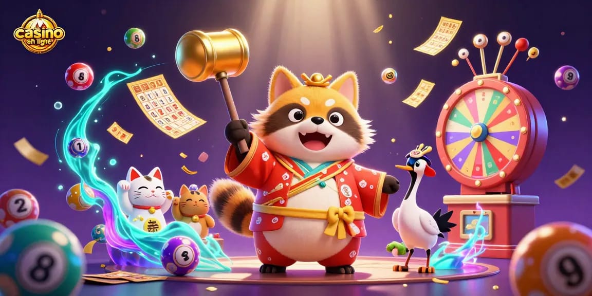 Des maneki-neko et un tanuki se divertissent au casino en ligne avec des boules de loterie.