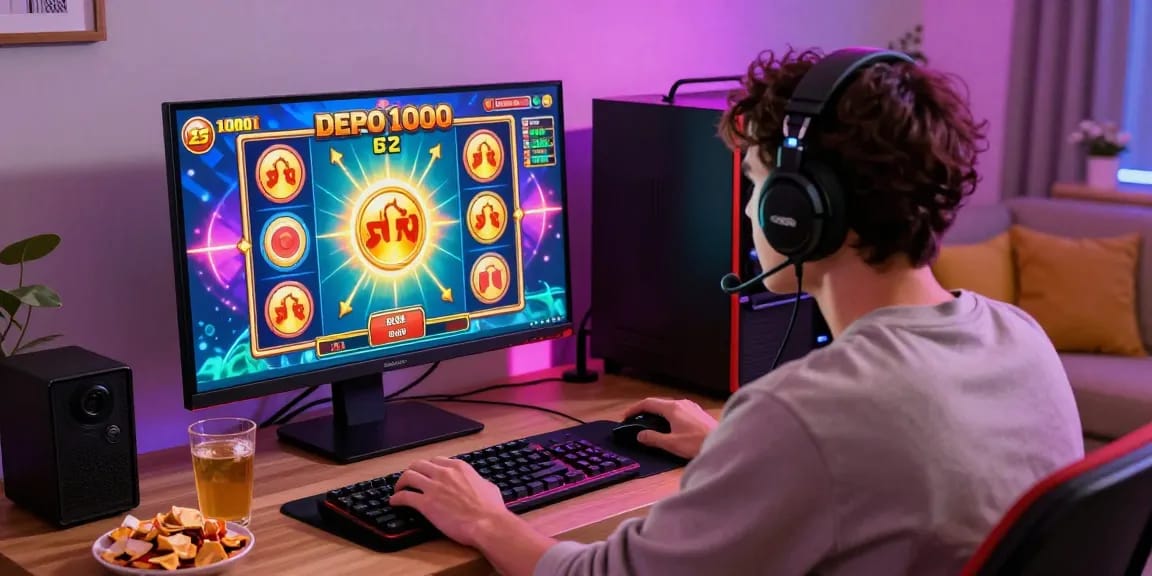 Engaged gamer enjoying slot depo 1000 experience in a cozy living room.