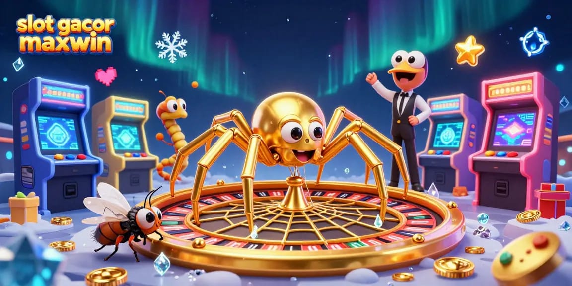 Bet on the slot gacor maxwin for big wins, featuring a golden spider and a centipede croupier in a vibrant casino scene.