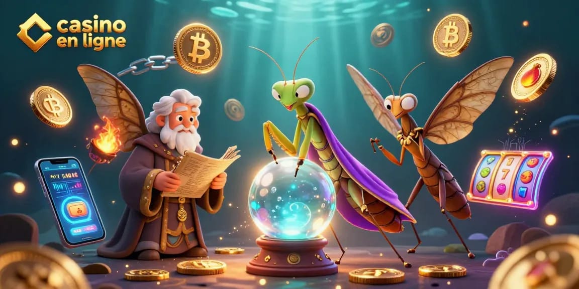 Profitez du meilleur casino en ligne avec une scène magique mêlant un invocateur et des éléments de jeu fascinants.