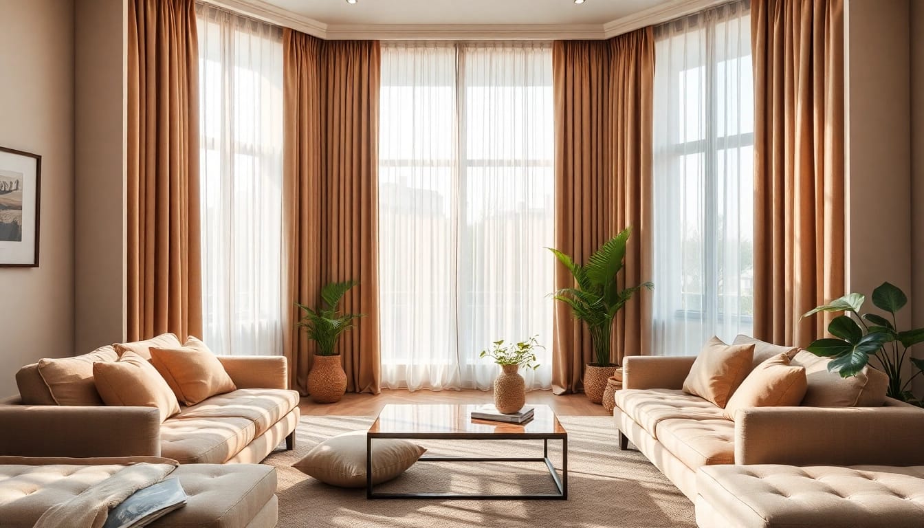Gordijnstof kopen online in een stijlvolle woonkamer met luxe gordijnen en comfortabele meubels.