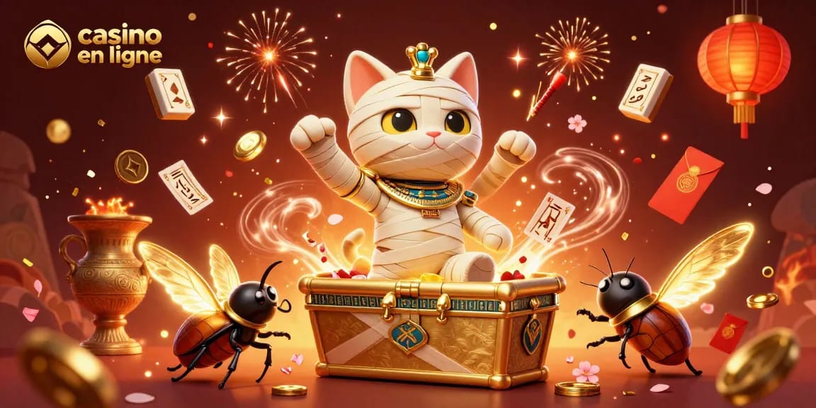 Plongez dans l'univers du casino en ligne avec ce chat égyptien et un scarabée doré.