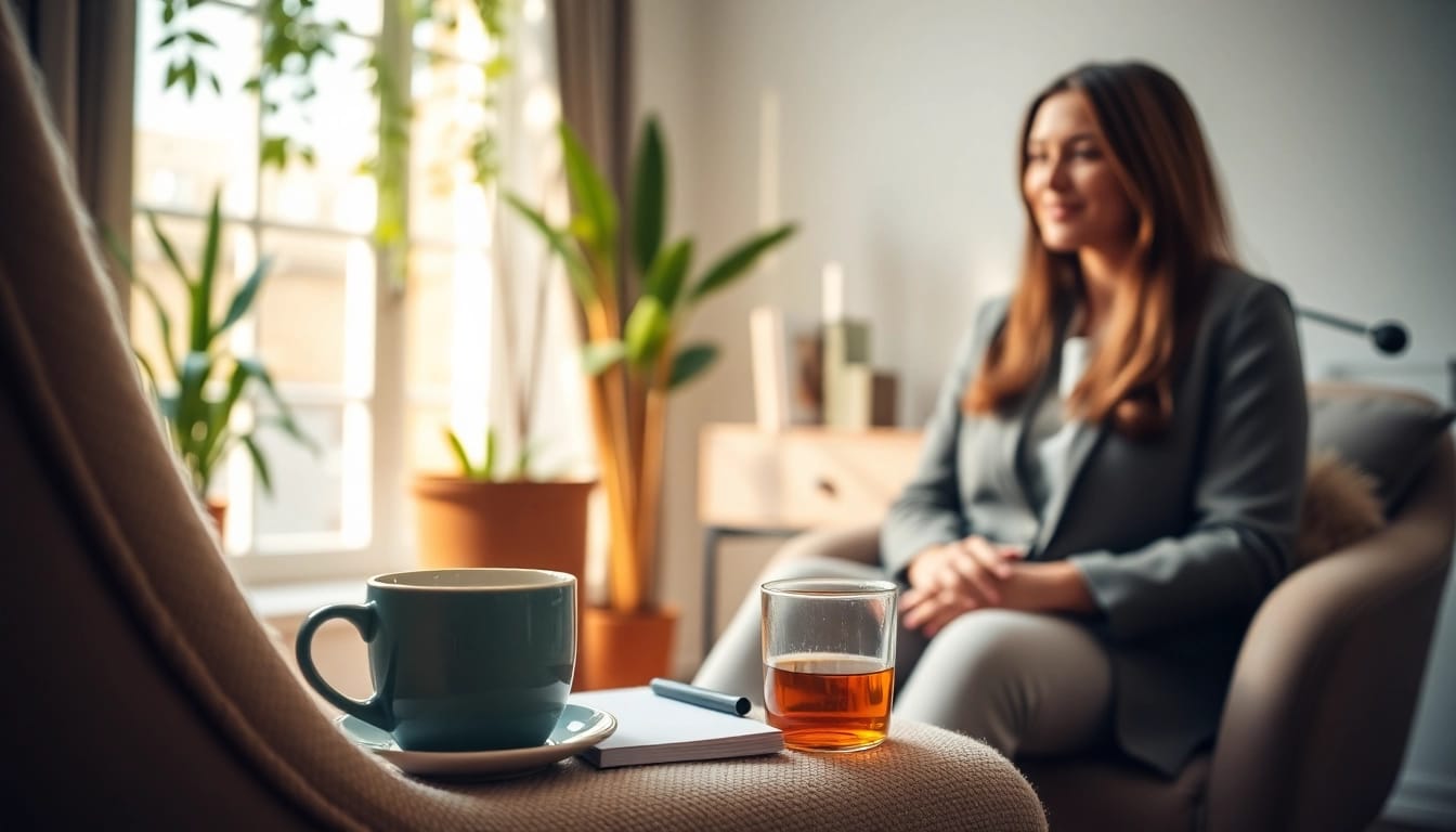 Mentally engaging discussion on depression symptoms in a calming therapy office.