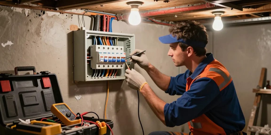 Emergency electrician near me troubleshooting a circuit breaker in a home basement.