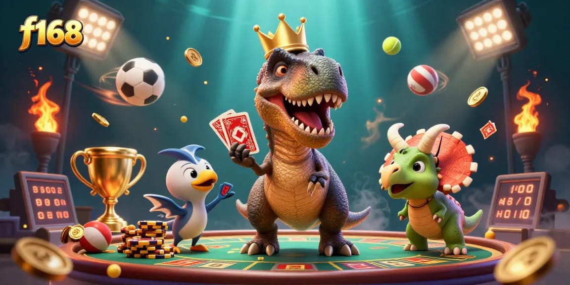 f168 players enjoying card games with a T-Rex and pterodactyl in a lively casino atmosphere