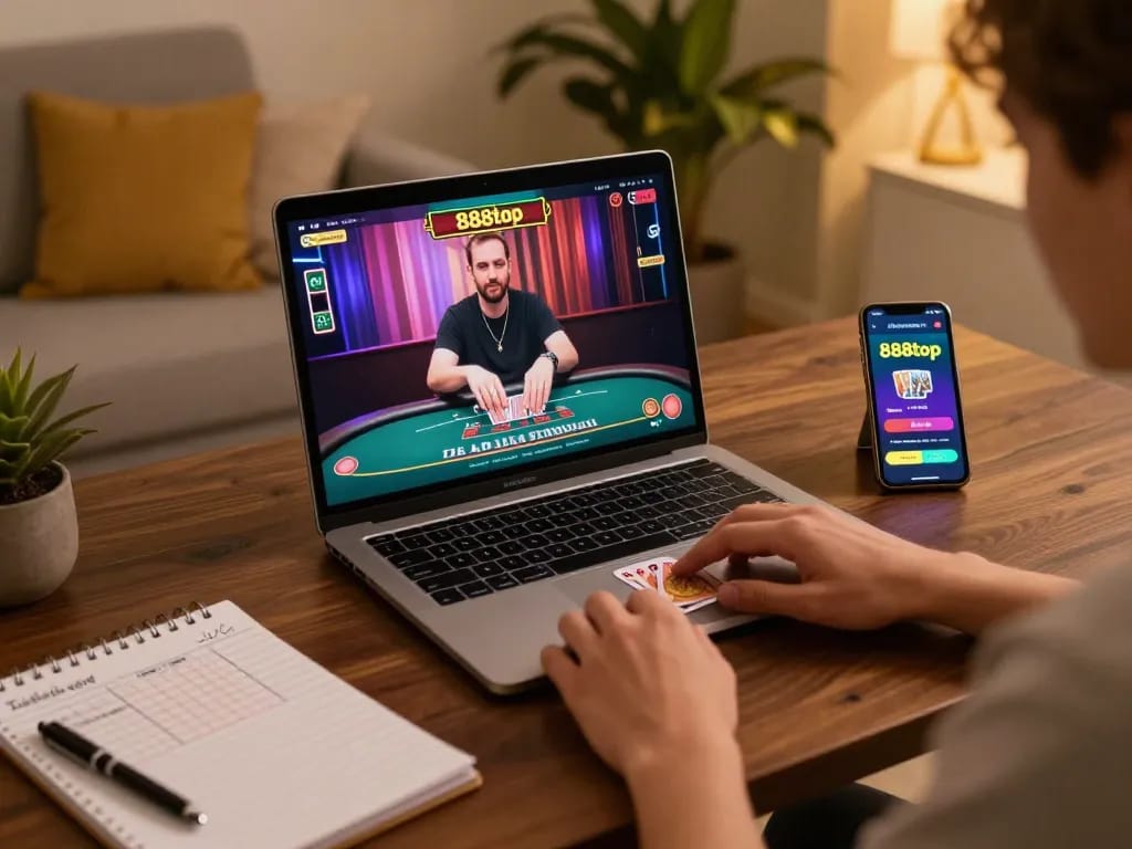 Player enjoying a live dealer game on 888top platform with strategic notes visible.