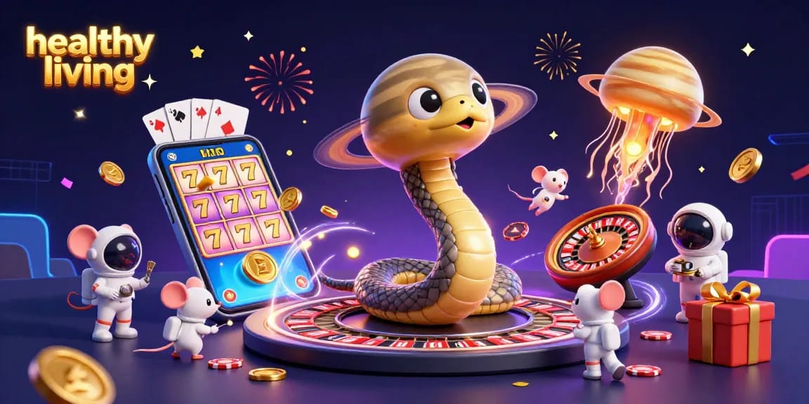 Experience healthy living through gambling fun where astronaut mice bet on Saturn's roulette rings amidst golden jellyfish.