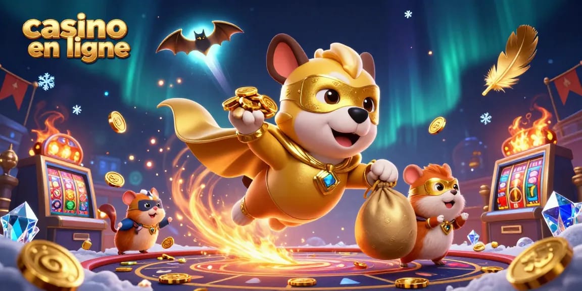 Jouez au casino en ligne avec un chien super-héros et un hamster, entourés de jetons d'or.