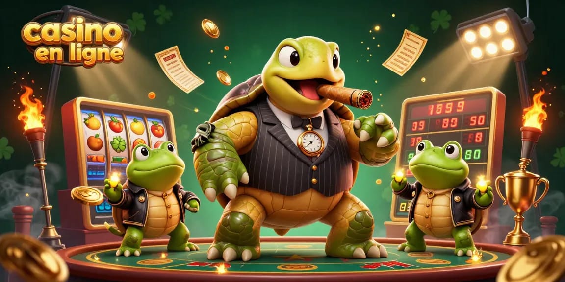 Jouez au casino en ligne avec une illustration dynamique de tortue et de grenouilles, ambiance festive.