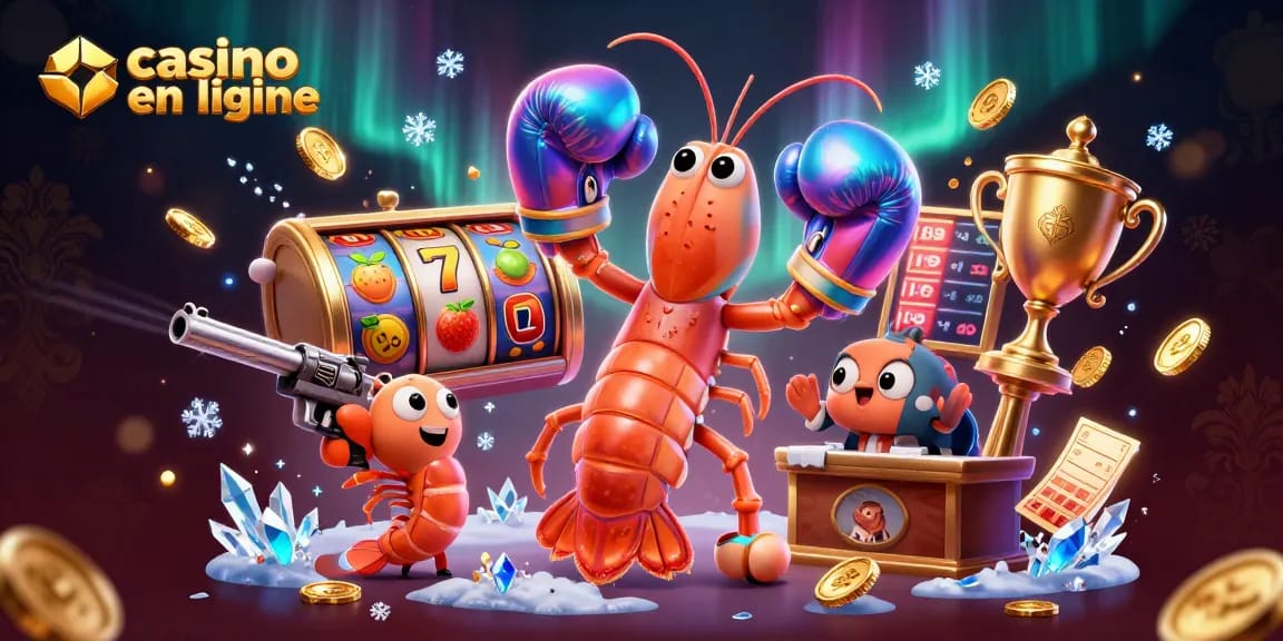 Illustration animée des personnages de casino en ligne, avec des éléments de jeu colorés autour.