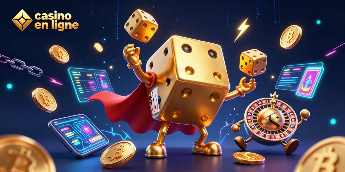 Jouez au casino en ligne avec des dés dorés et des éléments de crypto-monnaie.