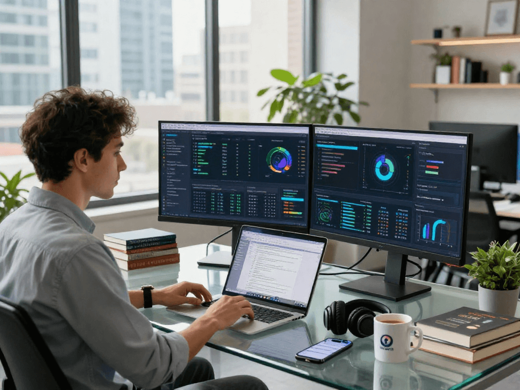 Detect AI image analysis in a modern workspace with data visualization screens