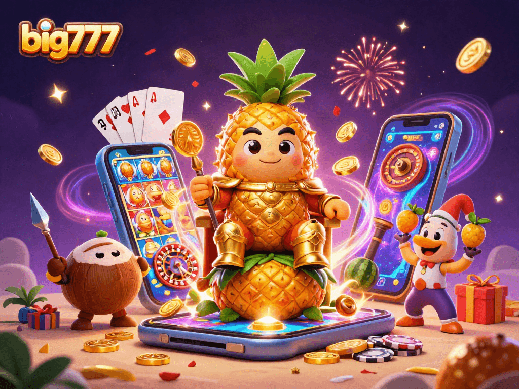Join the excitement at big777 with the pineapple king and friends in a vibrant casino scene.