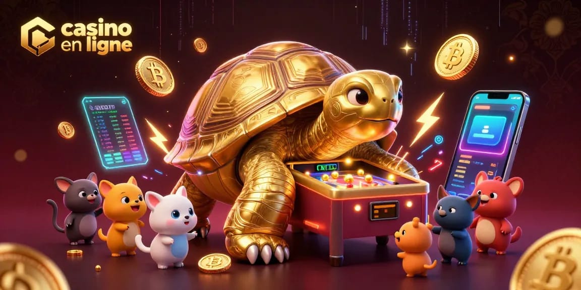 Jouez dans un casino en ligne amusant avec une tortue dorée jouant au flipper et des cryptomonnaies visibles.