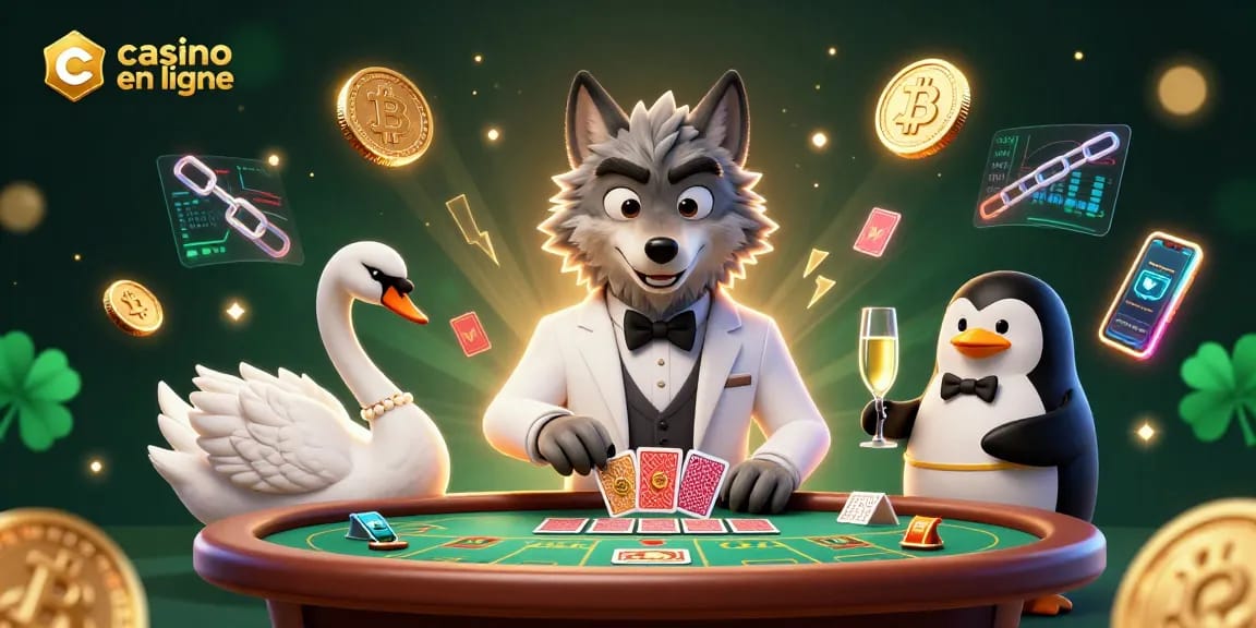 Jouez au casino en ligne avec notre illustration de jeu captivante mettant en scène un loup, un cygne et un pingouin.