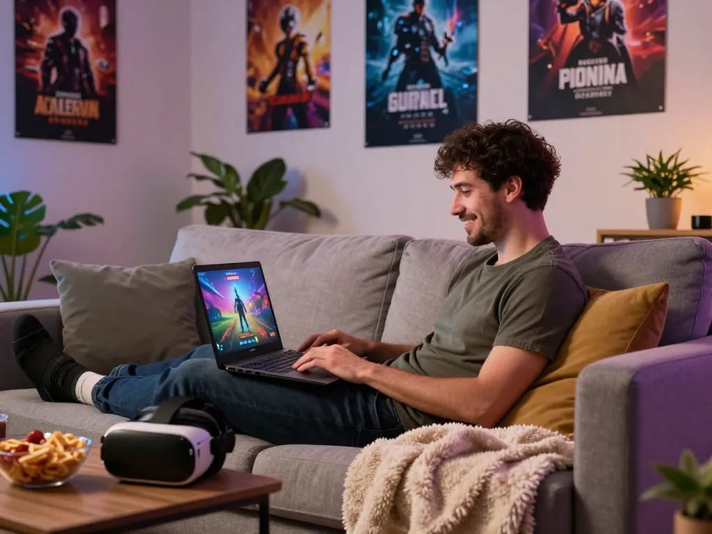 Gamer immersed in porno games on a laptop in a cozy living room setting.