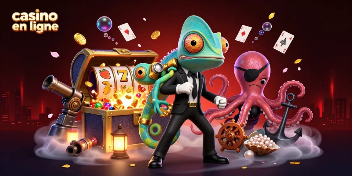 Illustration de casino en ligne avec un caméléon espion et ses alliés, jouant dans un décor dynamique.