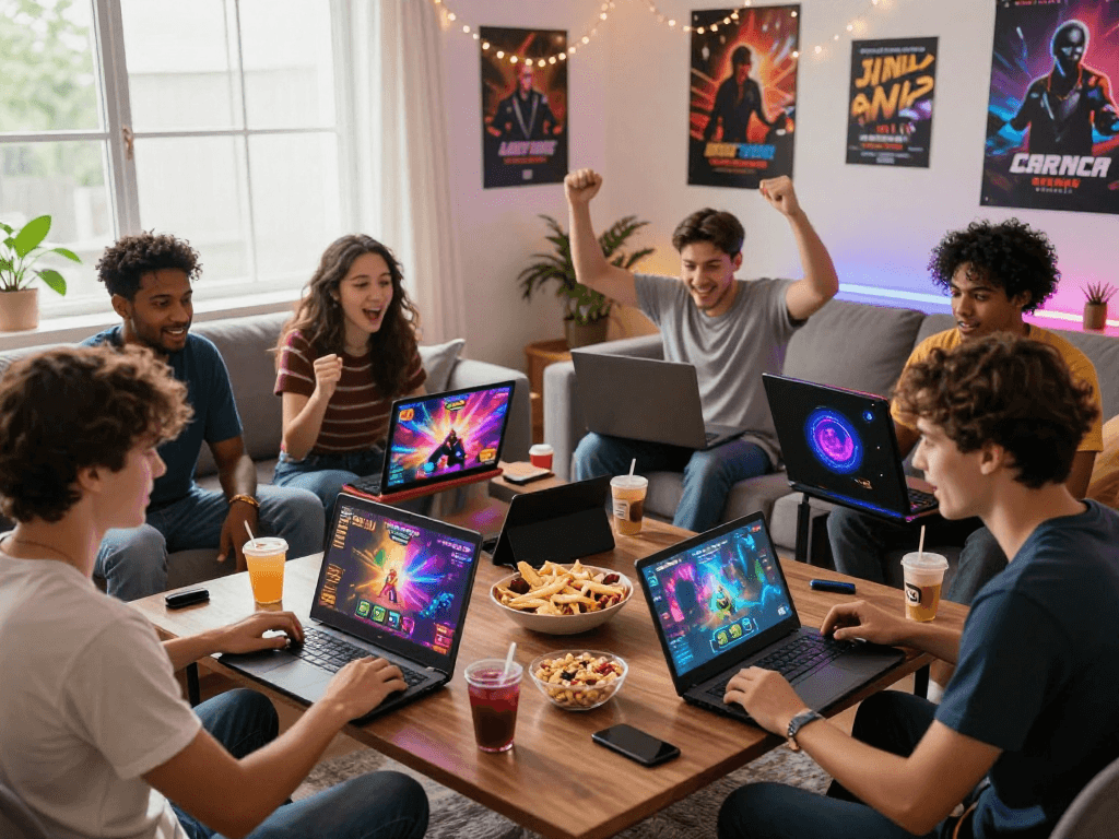 Friends enjoying porngame sessions in a lively living room setting.