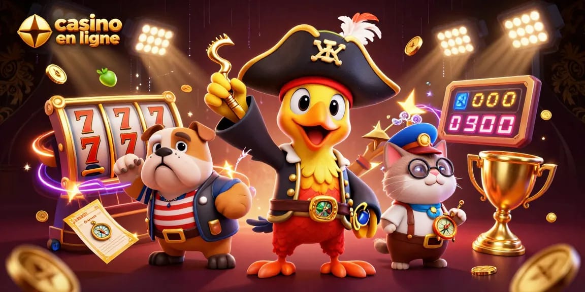 Venez jouer au casino en ligne avec nos personnages animés entourés de machines à sous et de pièces d'or.